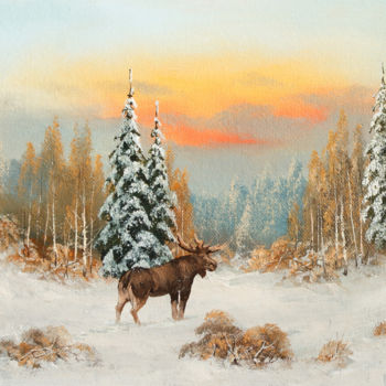 Schilderij getiteld "Winter forest. Elk" door Nikolay Lyamin, Origineel Kunstwerk, Olie