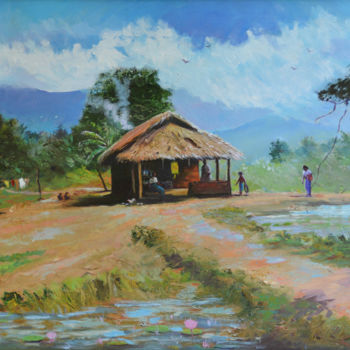 Peinture intitulée "Village Life" par Nilantha Vidanarachchi, Œuvre d'art originale, Huile Monté sur Châssis en bois