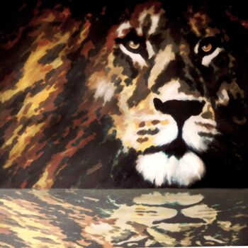 Schilderij getiteld "Lion en Majesté" door Nina Beddar, Origineel Kunstwerk, Acryl Gemonteerd op Frame voor houten brancard