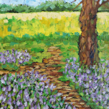 Painting titled "purple flower meadow" by Nino Gudadze, Original Artwork, Oil