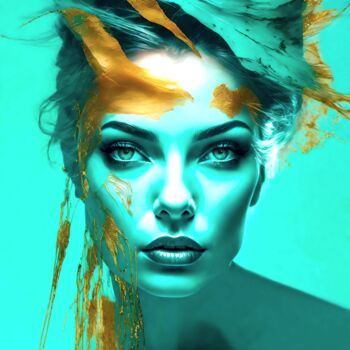 数字艺术 标题为“Splashn'Gold & Turq…” 由Ninn, 原创艺术品, AI生成的图像