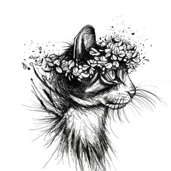 Dessin intitulée "Cat flower" par Art De Noé, Œuvre d'art originale, Encre
