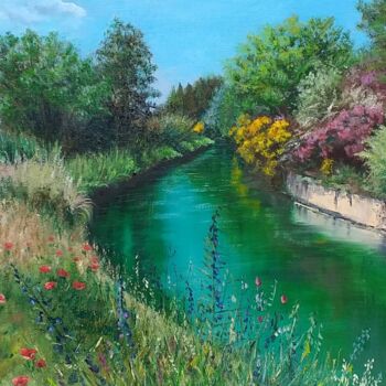 Painting titled "Canal à L'Isle sur…" by Noelle Huin, Original Artwork, Oil