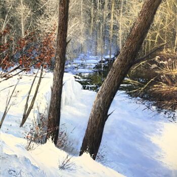 Schilderij getiteld "Snowy Forest" door Nusret Aktay, Origineel Kunstwerk, Olie Gemonteerd op Frame voor houten brancard