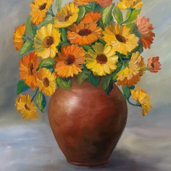 Painting titled "Gelbe Blumen 2.23" by Olga Hanns (O. Hanns), Original Artwork, Oil