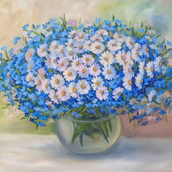 Schilderij getiteld "Blaue Blumen  2.24" door Olga Hanns (O. Hanns), Origineel Kunstwerk, Olie