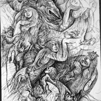 Рисунок под названием "шабаш ведьм на Лысо…" - Oksana Prudnikova, Подлинное произведение искусства, Гелевая ручка