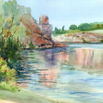 Painting titled "Vyrva. Stone on riv…" by Oksana Khyzhniak, Original Artwork, Watercolor