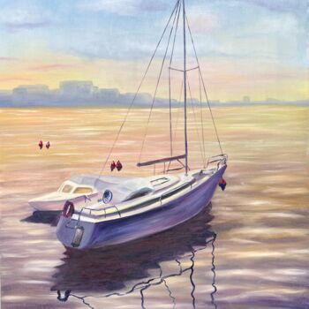 제목이 "Sailboats at Sunset"인 미술작품 Oksana Salminen로, 원작, 기름 나무 들것 프레임에 장착됨