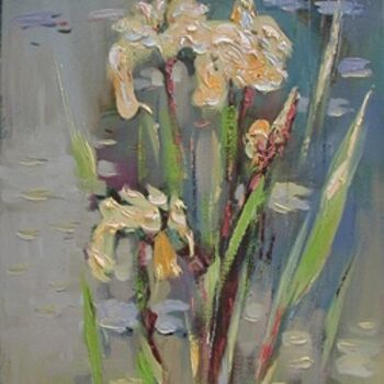 Painting titled "Yellow irises" by Oksana Veber, Original Artwork, Oil Mounted on Wood Stretcher frame