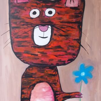 Painting titled "Cat with Flower" by Ole Müller, Original Artwork, Acrylic Mounted on Wood Stretcher frame