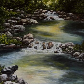 Painting titled "Forest water flow" by Oleg Baulin, Original Artwork, Oil Mounted on Wood Stretcher frame