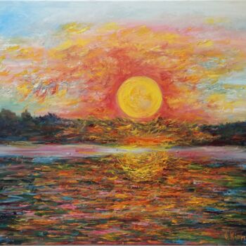 Painting titled "Spring sunset over…" by Oleg Kirnos, Original Artwork, Oil