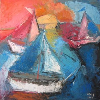 Peinture intitulée "Yachts at Sunset" par Oleg Sheludyakov, Œuvre d'art originale, Huile