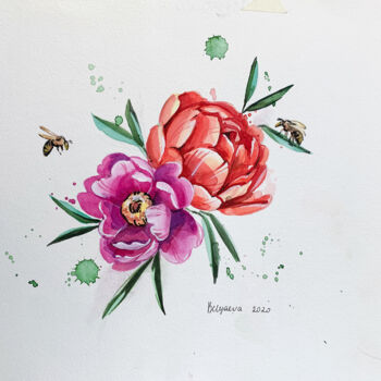 Картина под названием "peonies and bees" - Oleksandra Belyaeva, Подлинное произведение искусства, Акварель