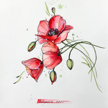 Malerei mit dem Titel "Poppies" von Oleksandra Belyaeva, Original-Kunstwerk, Aquarell