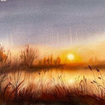 Painting titled "Sunset over the riv…" by Oleksandra Hoha, Original Artwork, Watercolor