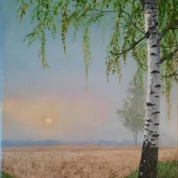Painting titled "Вirch in a foggy da…" by Olena Berest, Original Artwork, Oil Mounted on Wood Stretcher frame