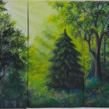 Painting titled "Forest on a bright…" by Olena Lisova, Original Artwork, Acrylic