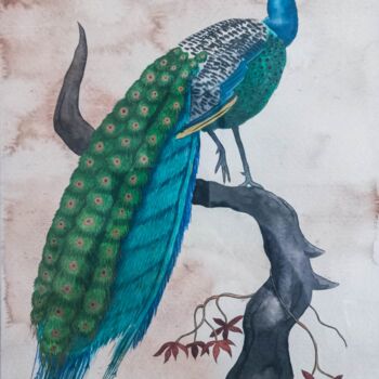 Malerei mit dem Titel "Peacock" von Olena Sielchonok, Original-Kunstwerk, Aquarell