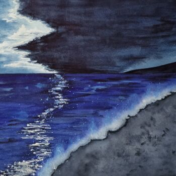 Painting titled "Moonlight night" by Olena Yemelianova, Original Artwork, Watercolor