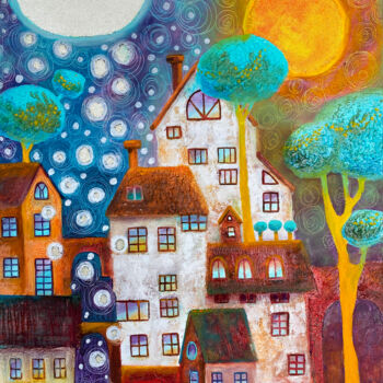 Painting titled "CITY FAIRY TAIL" by Olesya Rubinova, Original Artwork, Oil Mounted on Wood Stretcher frame