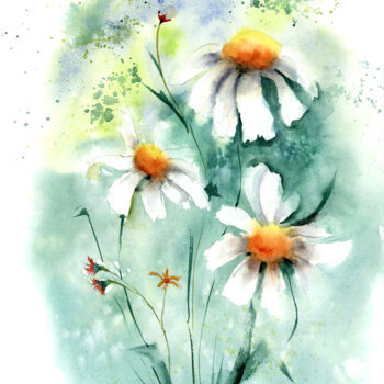 Painting titled "Daisies flowers - O…" by Paintispassion, Original Artwork, Watercolor