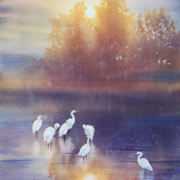 「White herons - Grea…」というタイトルの絵画 Olga Beliaevaによって, オリジナルのアートワーク, 水彩画