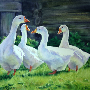 Картина под названием "White Geese waterco…" - Olga Beliaeva, Подлинное произведение искусства, Акварель