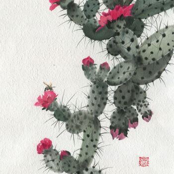 Malarstwo zatytułowany „Cactus in bloom #02” autorstwa Olga Bezlepkina, Oryginalna praca, Atrament