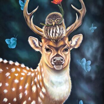 Painting titled "Butterfly in one's…" by Olga Sarukhanova, Original Artwork, Oil Mounted on Wood Stretcher frame