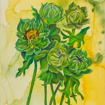 Ζωγραφική με τίτλο "Green Sunflowers" από Olga Volna, Αυθεντικά έργα τέχνης, Λάδι