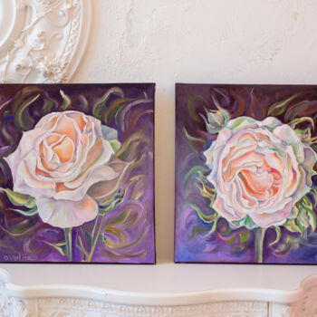 Peinture intitulée "Diptych Roses on Bl…" par Olga Volna, Œuvre d'art originale, Huile