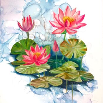 Schilderij getiteld "Lotus Bloom in Drea…" door Olga Volna, Origineel Kunstwerk, Olie