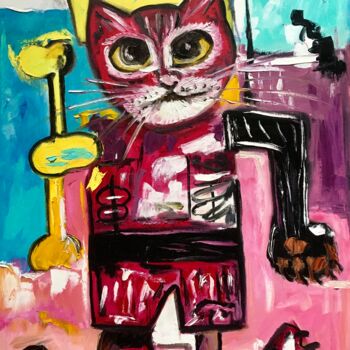 Pintura intitulada "Red cat king warrio…" por Olga Koval, Obras de arte originais, Óleo Montado em Armação em madeira