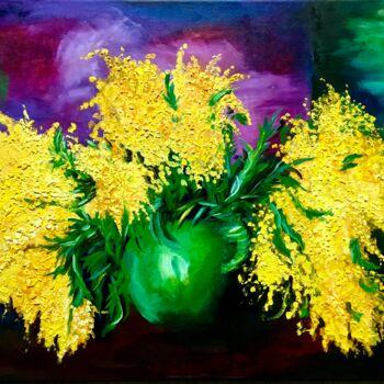 Painting titled "Mimosas in a vase,…" by Olga Koval, Original Artwork, Oil Mounted on Wood Stretcher frame