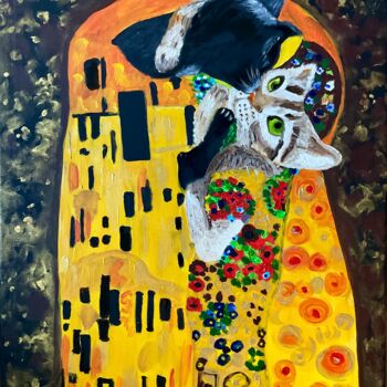 Pittura intitolato "Cat and Kiss by Gus…" da Olga Koval, Opera d'arte originale, Acrilico Montato su Telaio per barella in l…