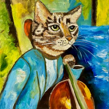 제목이 "Cat Cellist, sounds…"인 미술작품 Olga Koval로, 원작, 기름 나무 들것 프레임에 장착됨