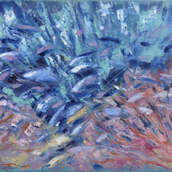 Painting titled "Fish in Coral Paint…" by Olga Nikitina, Original Artwork, Oil Mounted on Wood Stretcher frame