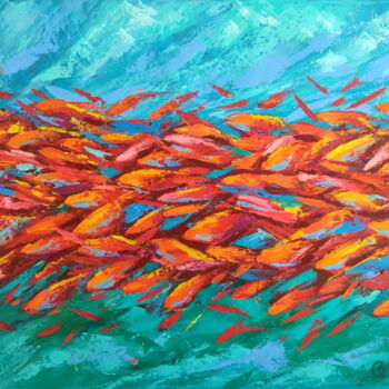 绘画 标题为“Red Fish Painting A…” 由Olga Nikitina, 原创艺术品, 油 安装在木质担架架上