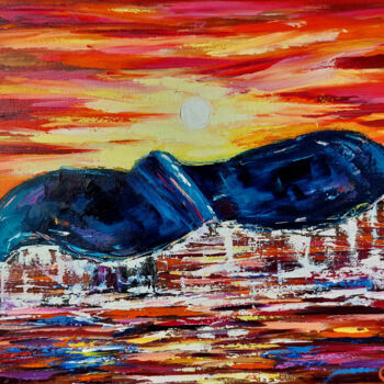 绘画 标题为“Whale Tail in Sunset” 由Olga Nikitina, 原创艺术品, 油 安装在木质担架架上