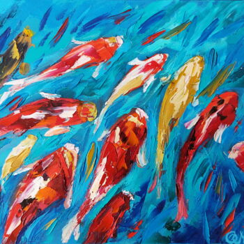 绘画 标题为“Koi Fish Painting” 由Olga Nikitina, 原创艺术品, 油 安装在木质担架架上