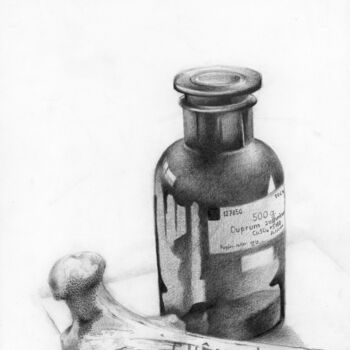 Dessin intitulée "Bouteille et son os" par Olivier Junod, Œuvre d'art originale, Crayon