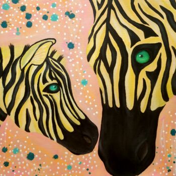 Schilderij getiteld "Bond. Yellow zebras…" door Olya Enina, Origineel Kunstwerk, Olie Gemonteerd op Frame voor houten branca…