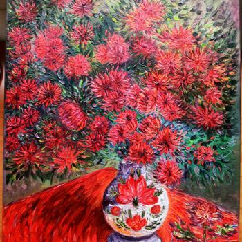 제목이 "Red chrysanthemums…"인 미술작품 Daleka Olga로, 원작, 기름 나무 들것 프레임에 장착됨