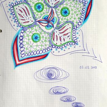 Zeichnungen mit dem Titel "Flower Party UFO" von Omsurya Sandra Inti Ruphay, Original-Kunstwerk, Kugelschreiber