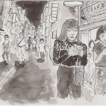 Drawing titled "jeunes filles au po…" by Orlando Marin Lopez, Original Artwork, Ink