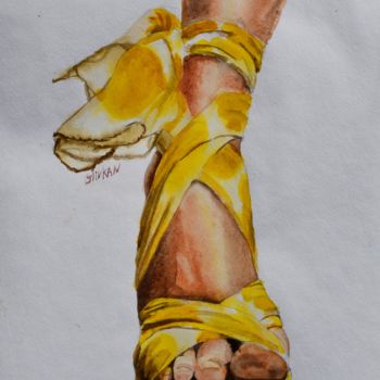 Painting titled "Foot Yellow 16" Ori…" by Olivkan Art, Original Artwork, Watercolor