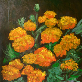 Schilderij getiteld "Tagetes Flower Art…" door Olivkan Art, Origineel Kunstwerk, Olie
