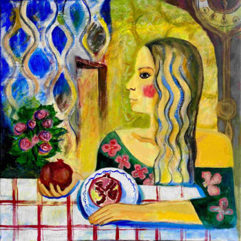 Schilderij getiteld "Girl with pomegrana…" door Oksana Dem-Art, Origineel Kunstwerk, Acryl